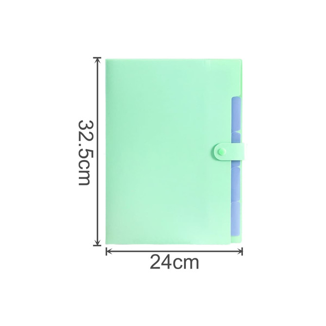 An A4 expandable file folder in mint green, featuring a tabbed closure and multiple sections for organisation.