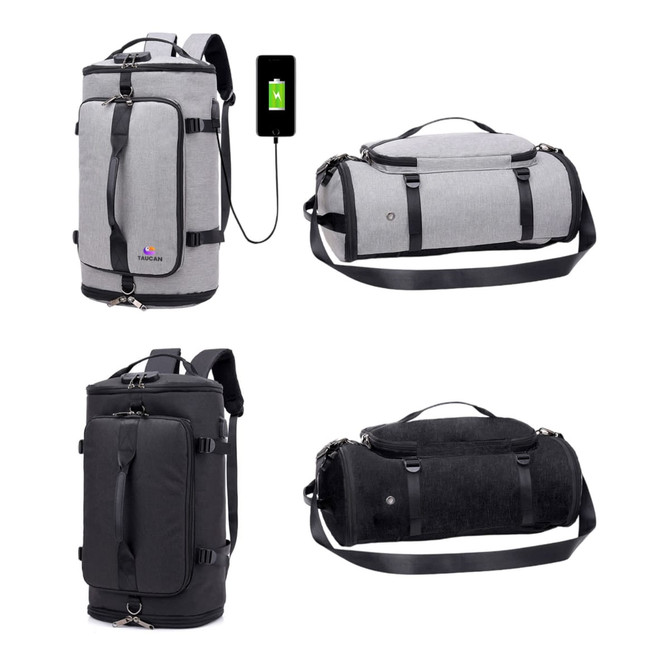 A grey and black convertible bucket backpack duffel bag with adjustable straps and a USB charging port.