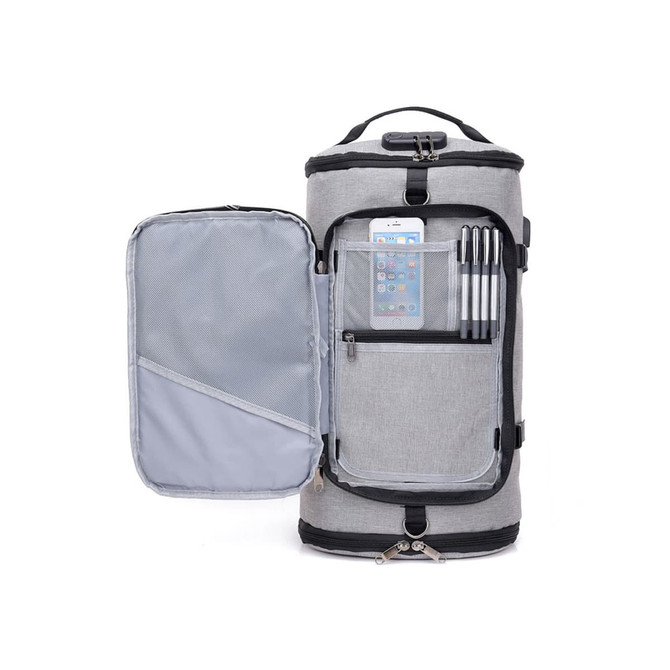 A grey convertible bucket backpack duffel bag features multiple compartments, including space for a phone and pens.