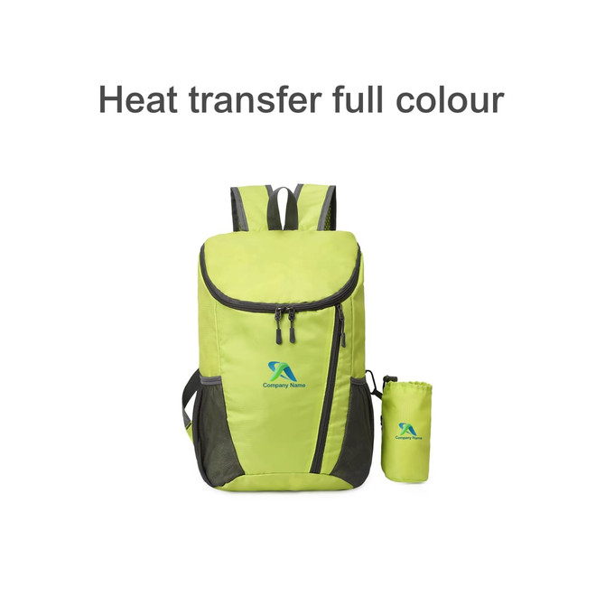 A bright green packable travel backpack with a matching small pouch and a logo.