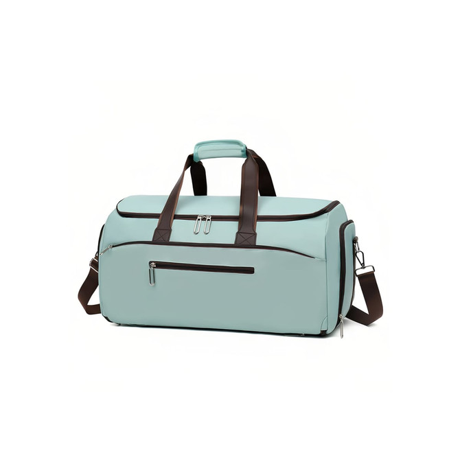 A teal convertible backpack duffel garment bag with brown handles and zippers. Features multiple compartments.