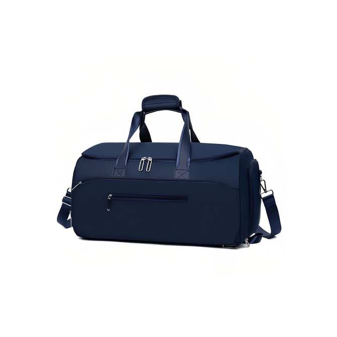 A navy blue convertible backpack duffel garment bag with dual handles and a shoulder strap. Features zippered compartments.