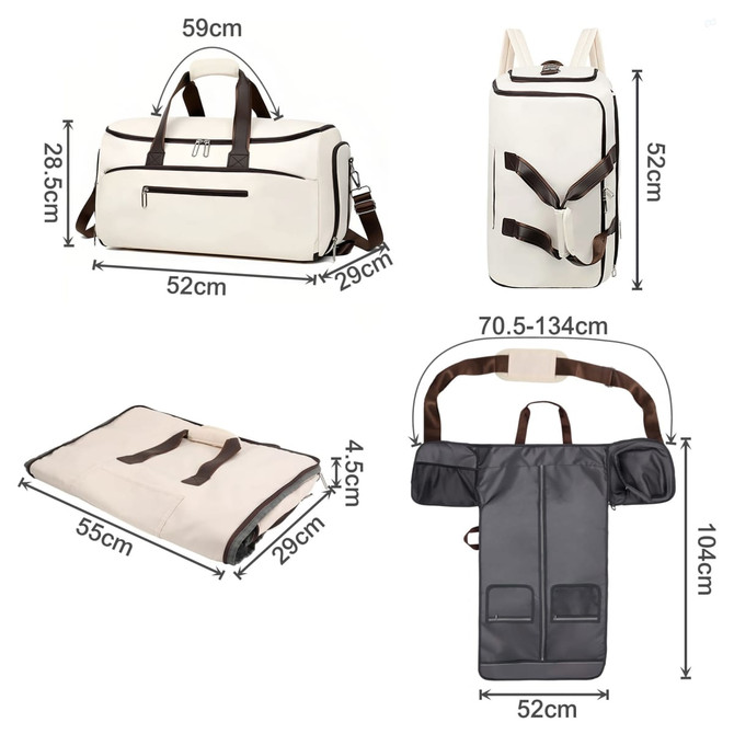A beige convertible backpack duffel garment bag with adjustable straps and multiple compartments, featuring a logo.