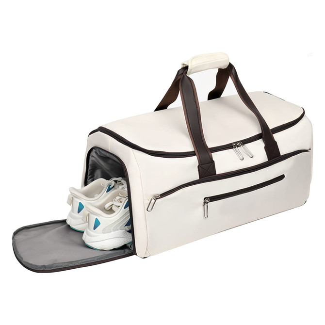 A convertible backpack duffel garment bag in cream and brown, featuring a compartment for shoes. It has a logo.