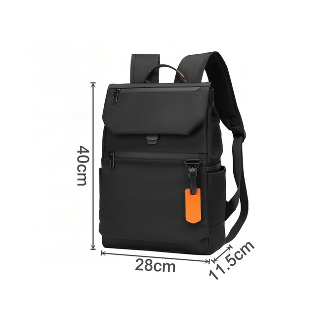 A black laptop backpack featuring an orange accent, with multiple compartments and adjustable straps.
