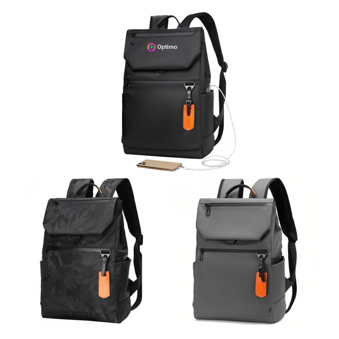 A black and grey laptop backpack with an orange tag, featuring a logo and multiple compartments.
