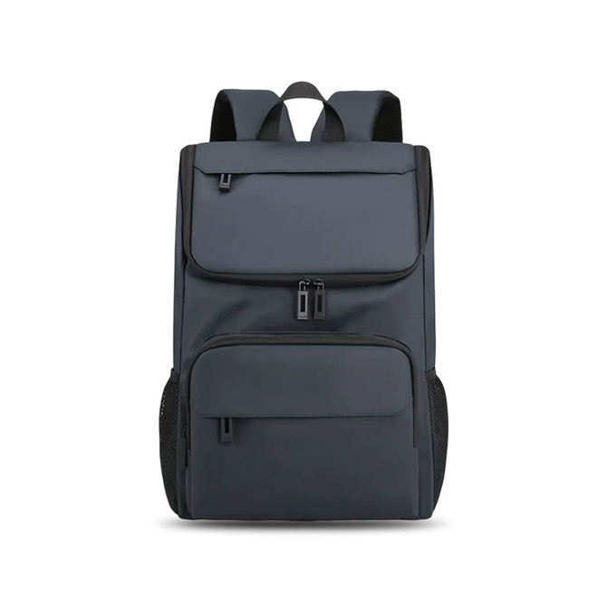 A dark grey business laptop backpack with multiple compartments and a logo on the front.