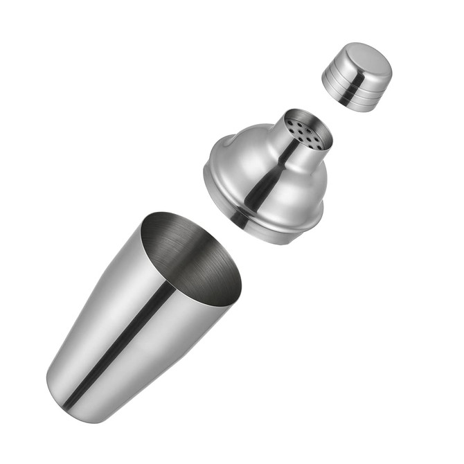 A stainless steel cocktail shaker in silver, displayed in three separate pieces: the base, strainer lid, and cap.