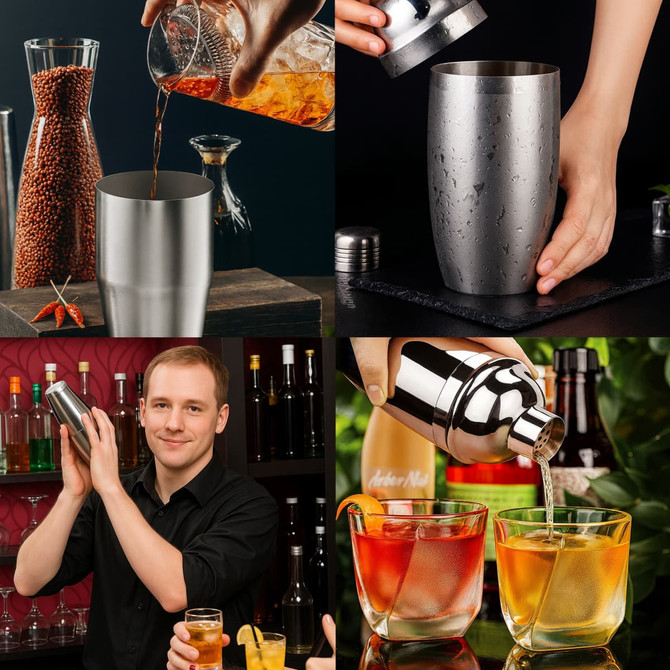 A stainless steel cocktail shaker in various settings, featuring a sleek silver finish and hands pouring ingredients.