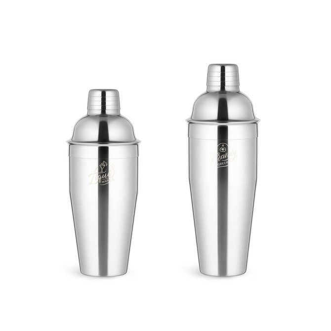 A stainless steel cocktail shaker with a polished finish, featuring a logo on one side.