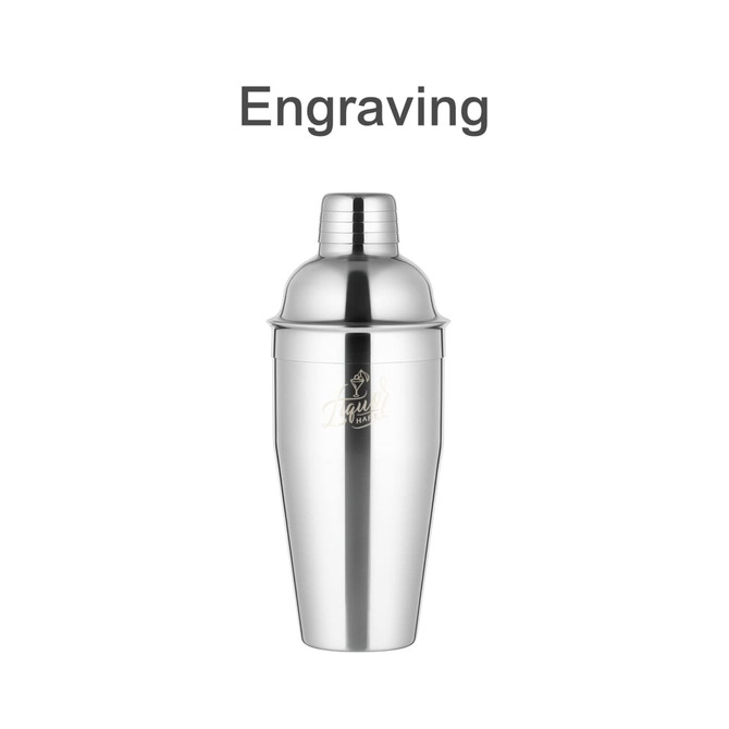 A stainless steel cocktail shaker with a polished silver finish and an engraved logo.