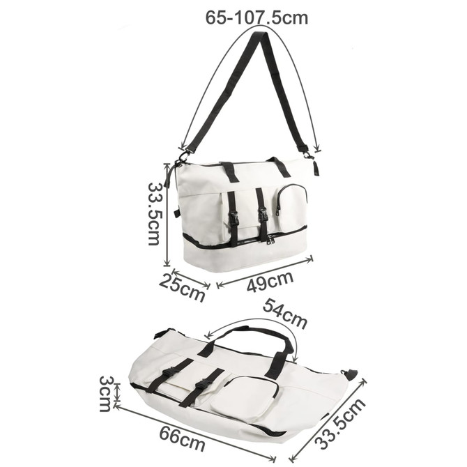 A white Travel Weekender Bag featuring multiple pockets, adjustable straps, and a branding logo. Measures 65-107.5cm.