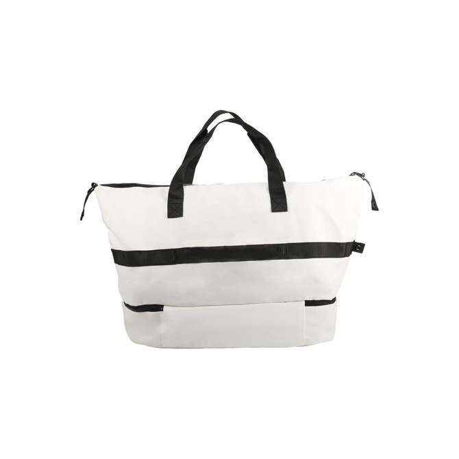 A white weekender bag with black straps and accents, featuring a zippered main compartment and front pocket.