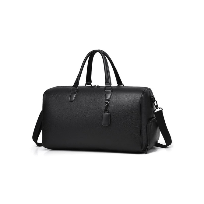 A black polyurethane duffle bag with durable handles and a detachable shoulder strap. Features a logo.