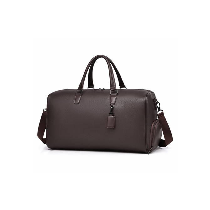A brown polyurethane duffle bag with dual handles and a detachable shoulder strap. Features a minimal design and a logo.
