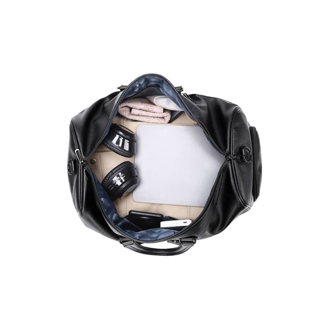 A black polyurethane duffle bag, open to reveal headphones, a tablet, a towel, and other items inside.