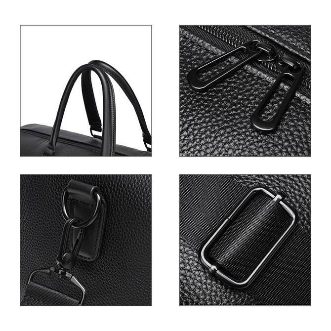 A black polyurethane duffle bag featuring zippers, handles, and metal clasps. The material has a textured finish.