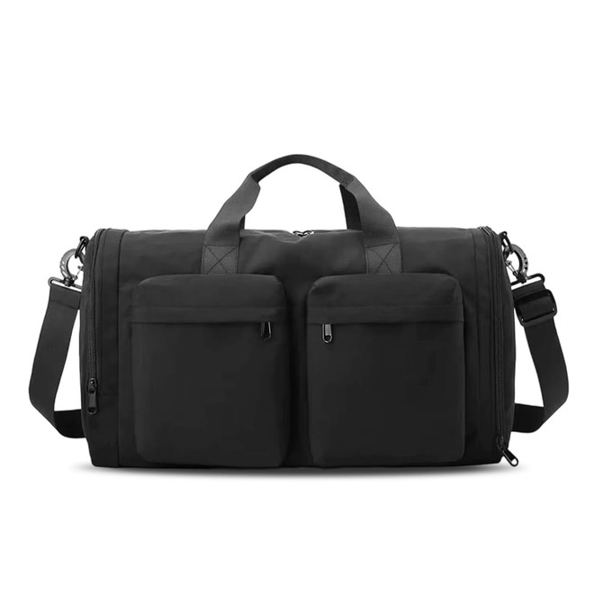 A foldable travel duffle bag in black featuring two front pockets and a detachable shoulder strap.
