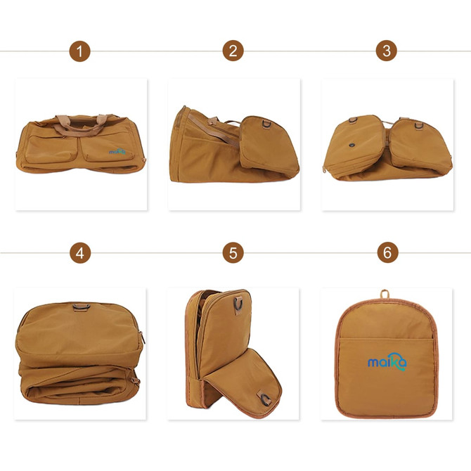 A foldable travel duffle bag in a tan colour, featuring various configurations and a logo on the side.