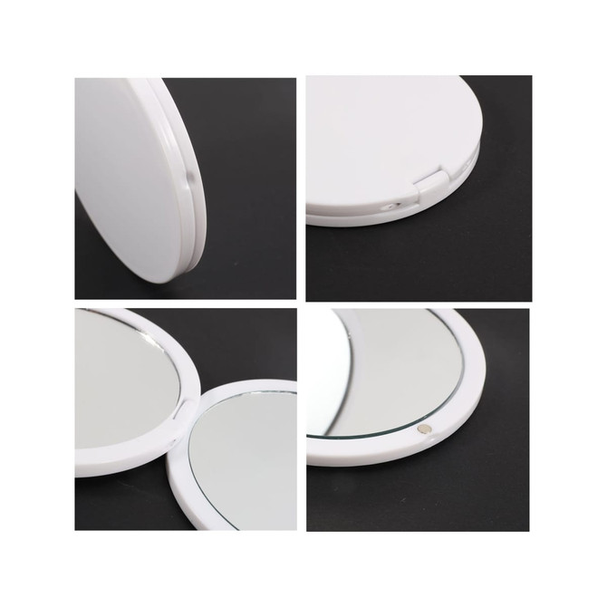 A double-sided round mirror with a white casing, featuring two reflective surfaces and a hinge for opening and closing.