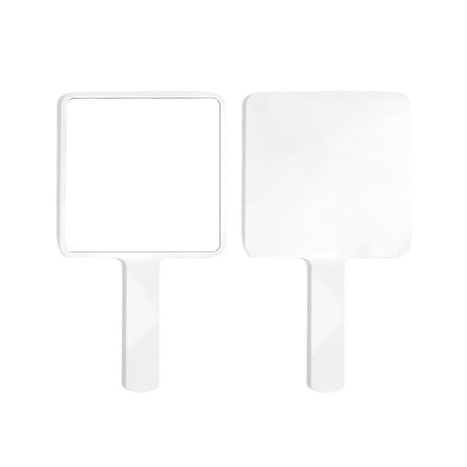 A handheld square mirror in white with a smooth surface and a simple handle, featuring two mirrored sides.