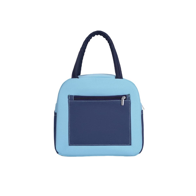 A colourful insulated lunch bag in light blue and navy, featuring a front zip pocket and sturdy handles.