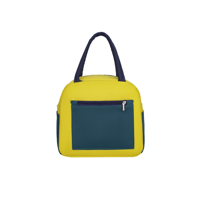 A colourful insulated lunch bag in yellow and navy, featuring a front zip pocket and dual handles.