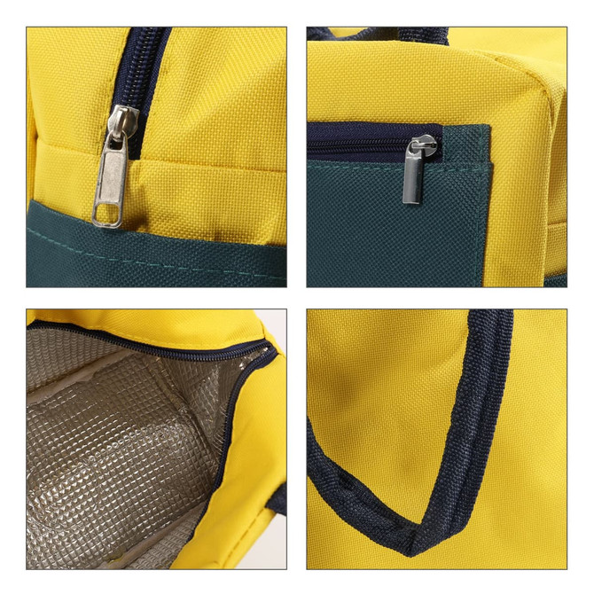 A colourful insulated lunch bag in yellow and teal, featuring zippers and an interior lining for insulation.