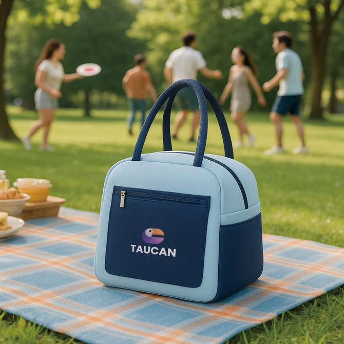 A colourful insulated lunch bag in light blue and navy, featuring a logo, placed on a picnic blanket in a park.