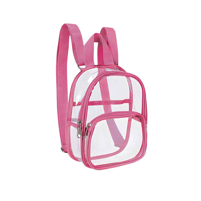 A clear mini backpack with pink straps and zippered compartments, featuring a simple design and a logo on the front.