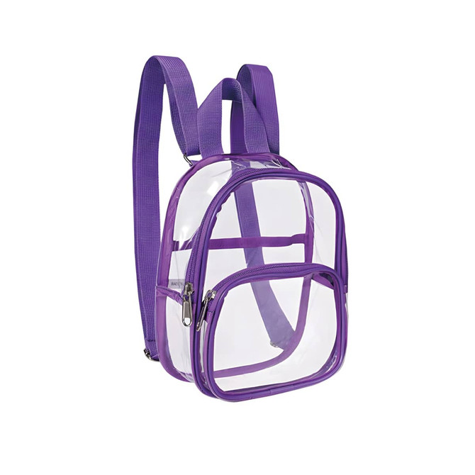 A clear mini backpack with purple straps and detailing, featuring two compartments for storage.