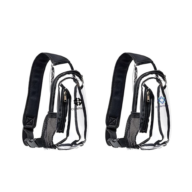 A large capacity clear bag with shoulder straps, featuring a black trim and a mesh pocket, includes logos on both sides.