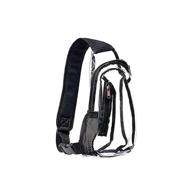 A clear bag with a black shoulder strap, featuring a zippered compartment and mesh pocket. It has a sleek, transparent design.