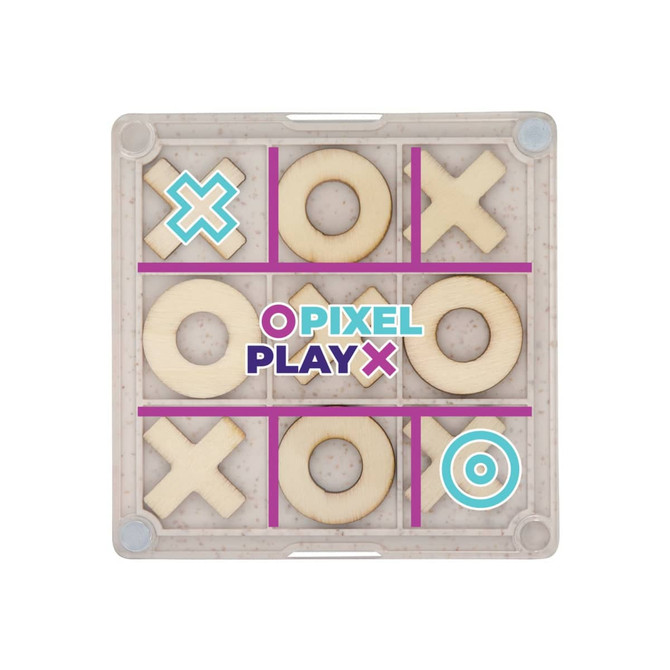 A Noughts & Crosses coaster featuring a wooden grid with X and O pieces, in a clear, plastic frame. Includes branding.