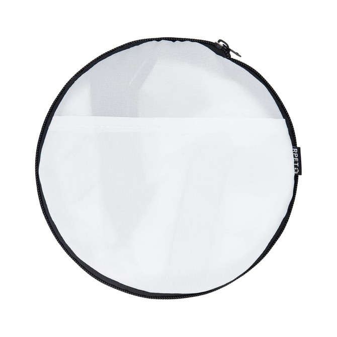 A round, mesh bag with a black zipper and trim, featuring a transparent white exterior.