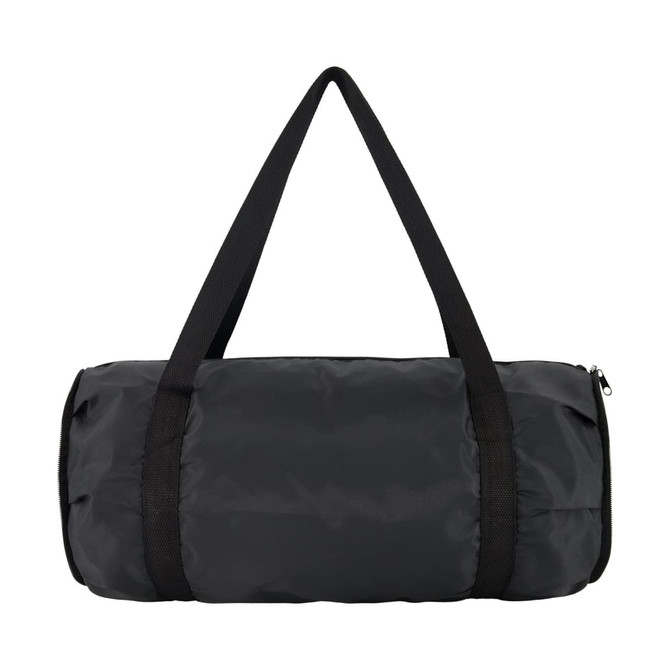 A black duffle bag with dual carrying straps and a zippered closure, featuring a branding logo.