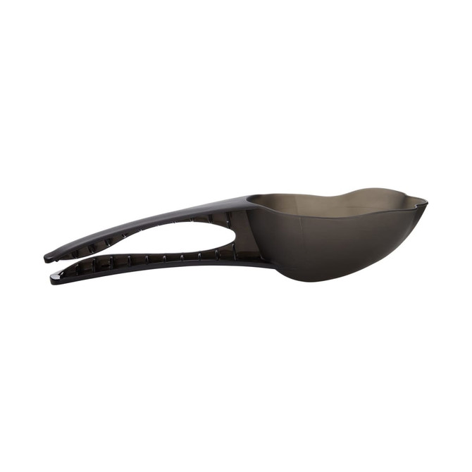 A pet food scoop in dark grey, featuring a wide scoop and an ergonomic handle for easy use.