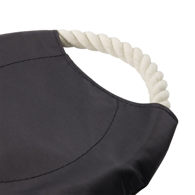 A round dog toy in black fabric with a white rope handle. The toy features a smooth, textured surface.