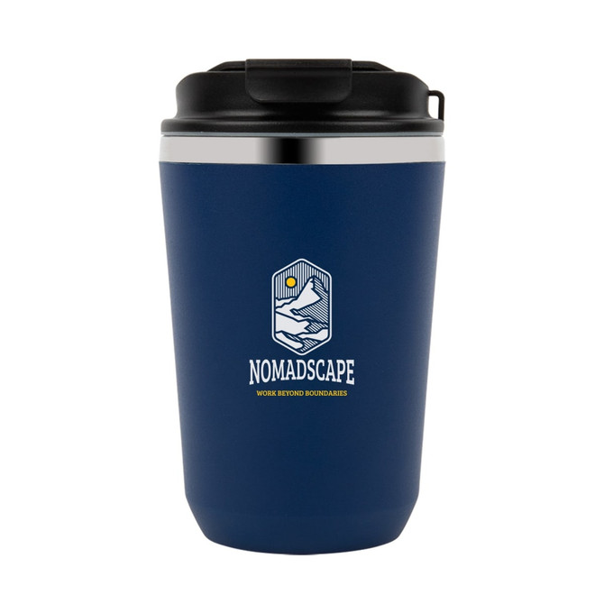 A double wall coffee cup in navy blue with a black lid and a logo on the front.