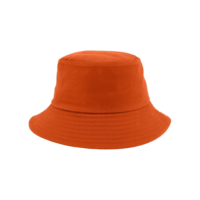 An orange custom cotton bucket hat with a wide brim and a structured top. It features a logo.