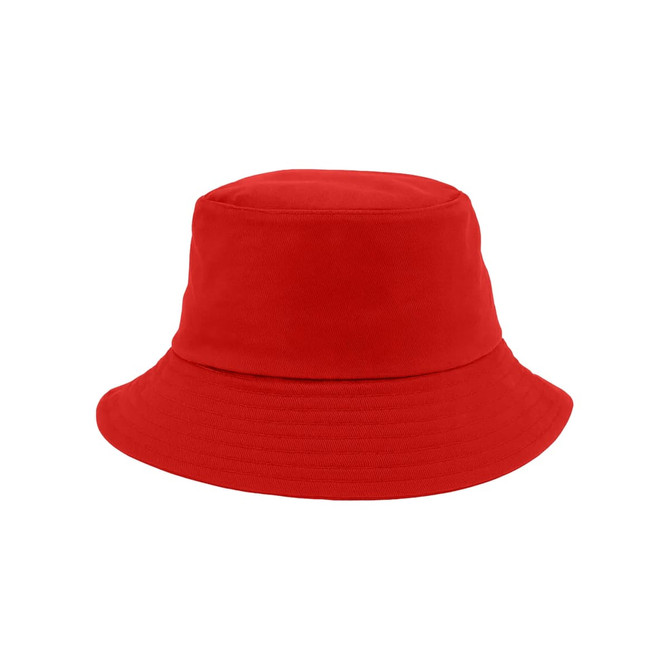 A bright red custom cotton bucket hat with a wide brim and a plain design featuring a logo.