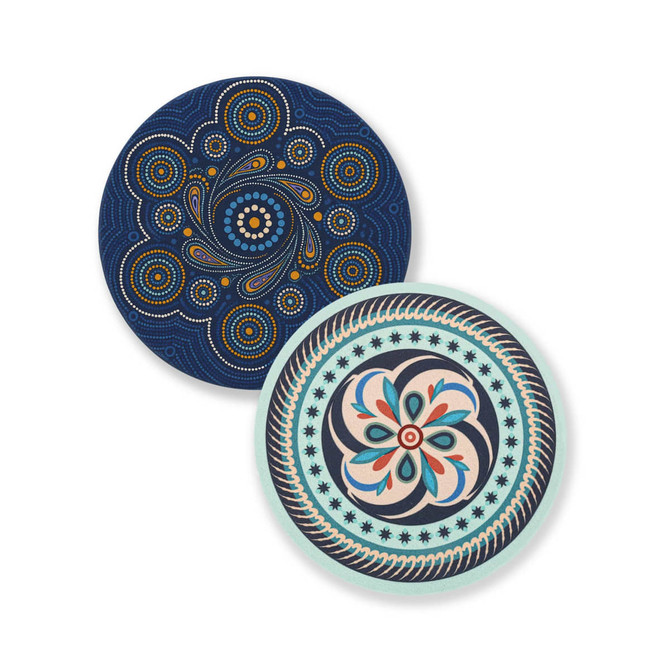 A blue and teal absorbent heat-resistant trivet featuring intricate patterns in contrasting colours. Logo visible.
