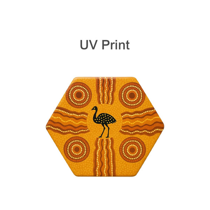 A hexagon ceramic coaster featuring vibrant orange and yellow patterns with a black emu design. It has a logo.