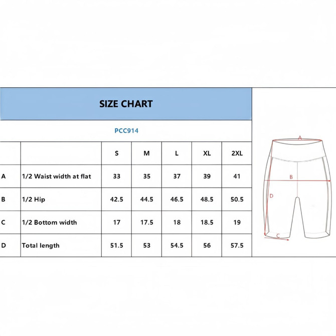 A size chart for Women's High-Waisted Elastic Yoga 1/2 Leggings, detailing measurements in various sizes.
