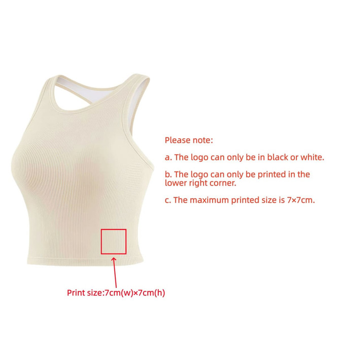 A beige seamless wide-strap racerback yoga bra tank with a logo in the lower right corner.