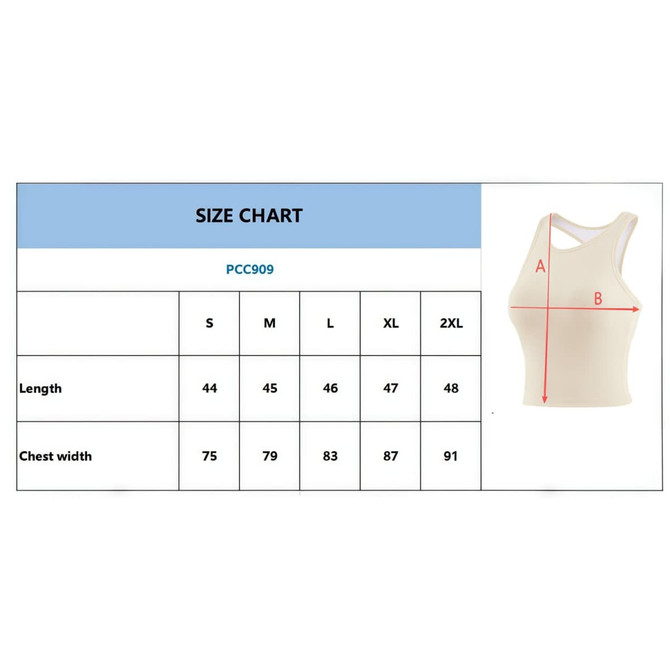 A size chart for a Women's Seamless Wide-Strap Racerback Yoga Bra Tank, featuring measurements for different sizes.