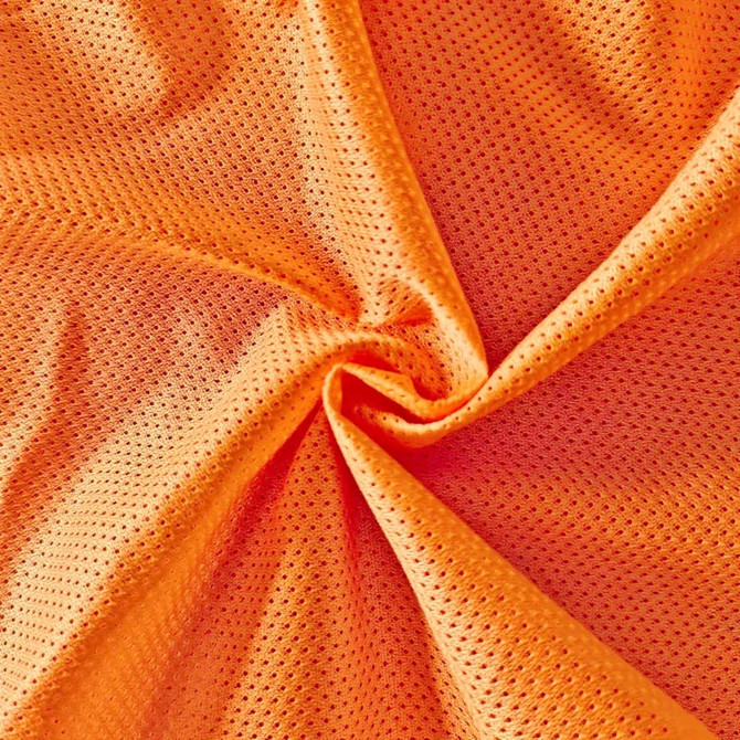 An orange 100% polyester mesh fabric with a breathable, textured pattern ideal for training bibs.