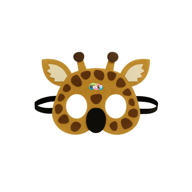 A giraffe-themed felt mask in yellow and brown with black straps and a playful design for kids.