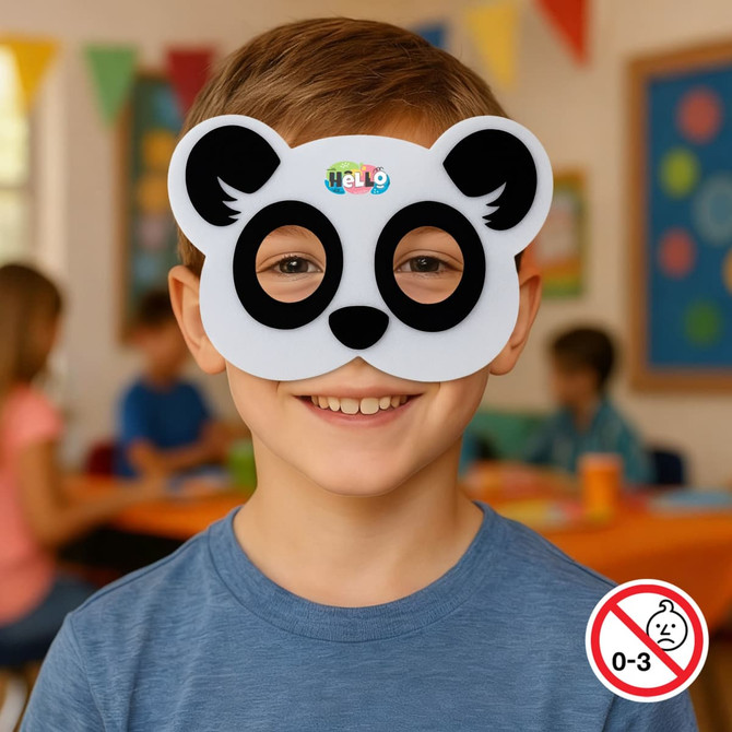 A black and white panda felt mask worn by a child, featuring large eye holes and a playful design.