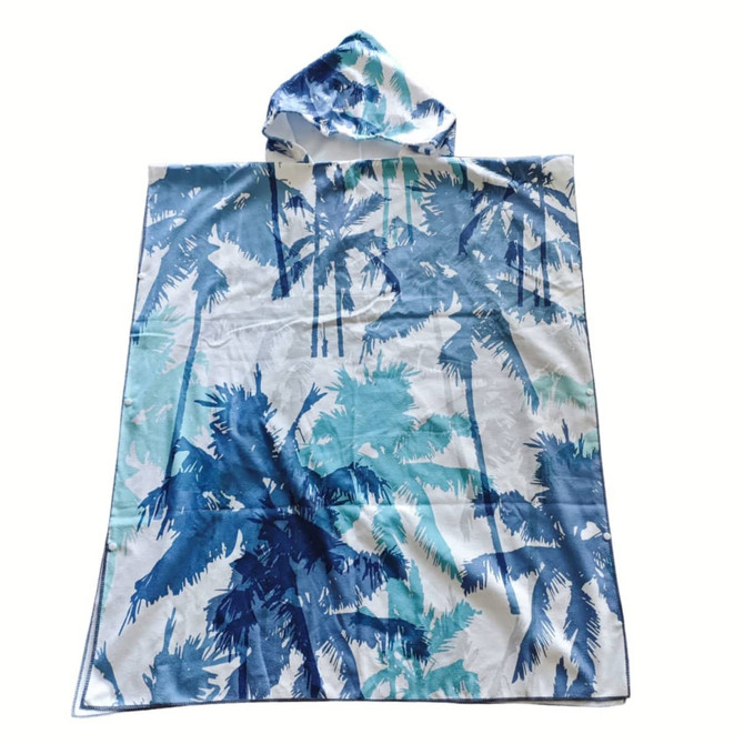 A hooded change towel featuring a blue and white palm tree design, made from 100% microfibre.
